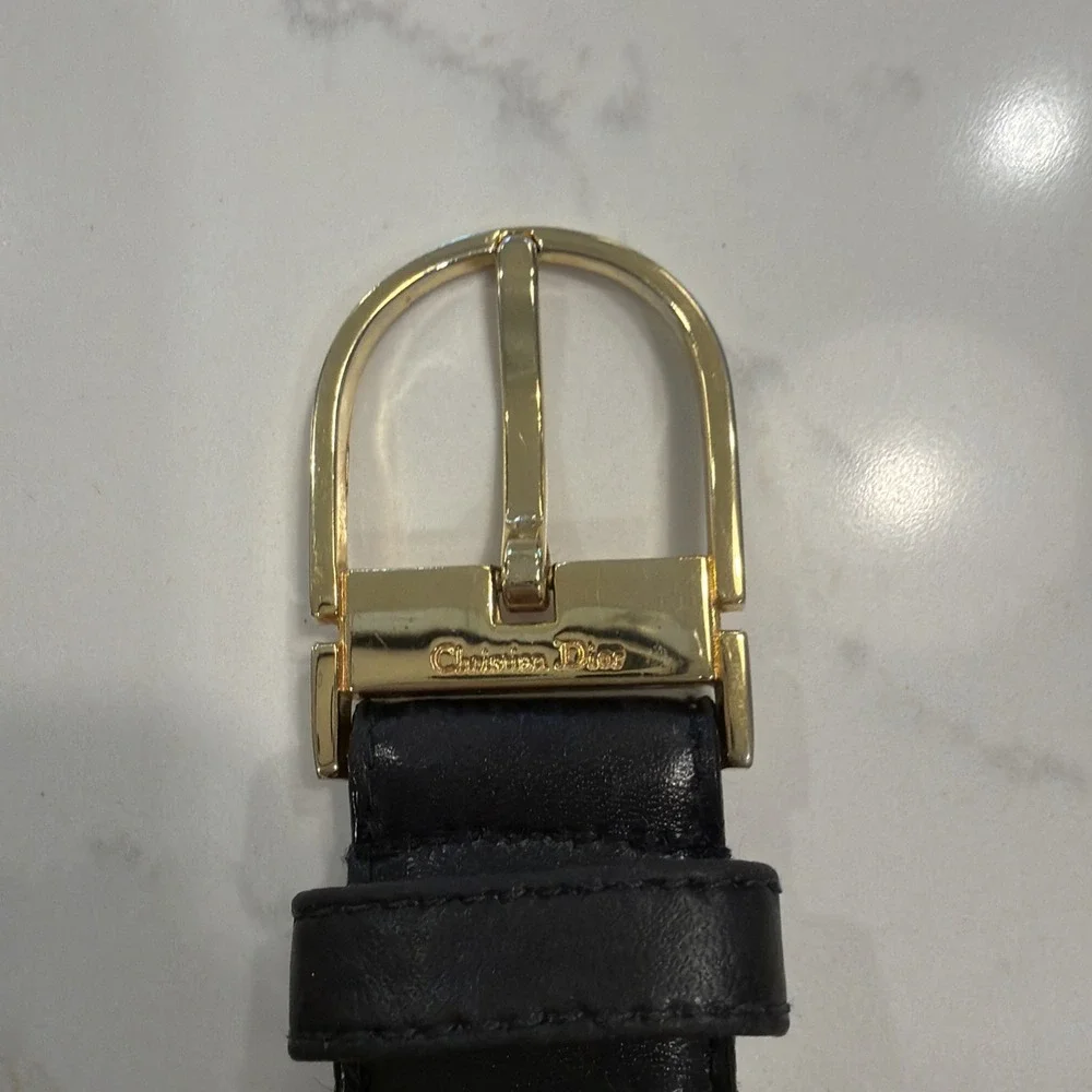 Christian Dior Women's Black Leather Belt 38 Gold Buckle Vintage